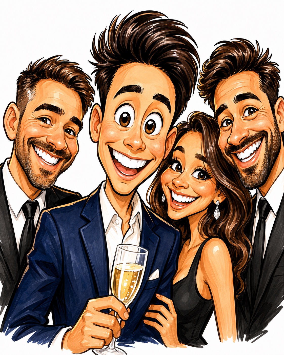 AI-generated caricature of four event attendees in formal attire holding a champagne glass